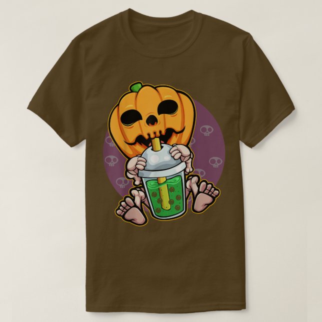 T-shirt Citrouille Boire Boba Lazy Costume Halloween Jack (Design devant)