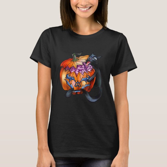T-shirt Citrouille Chat Noir Chat Effrayant Halloween (Devant)
