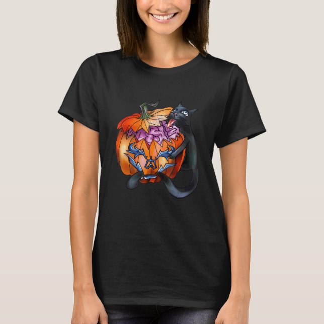 T-shirt Citrouille Chat Noir Chat Effrayant Halloween (Devant)