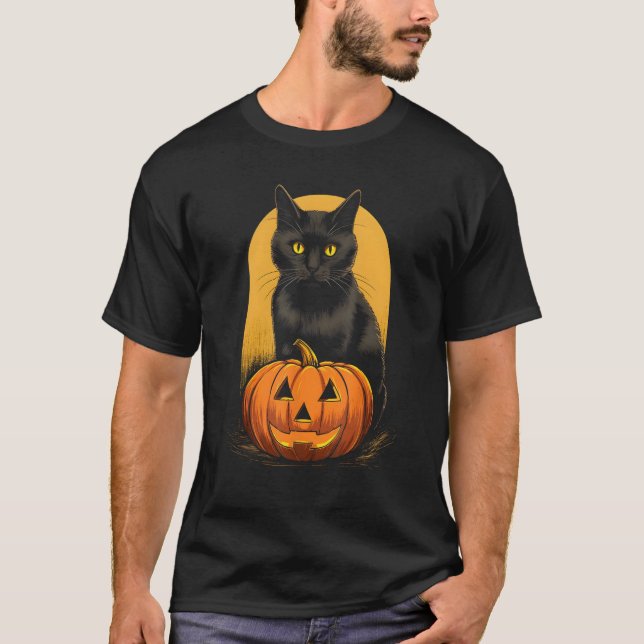 T-shirt Citrouille Chat Noir Halloween Costume Pour Femmes (Devant)