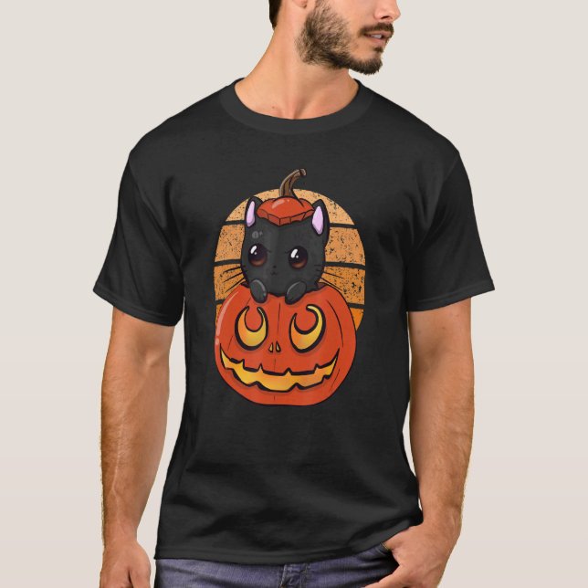 T-shirt Citrouille de chat effrayant noir Jack O Lantern H (Devant)
