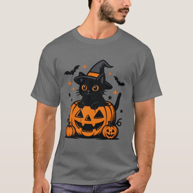T-shirt Citrouille de Chat Noir d'Halloween (Devant)