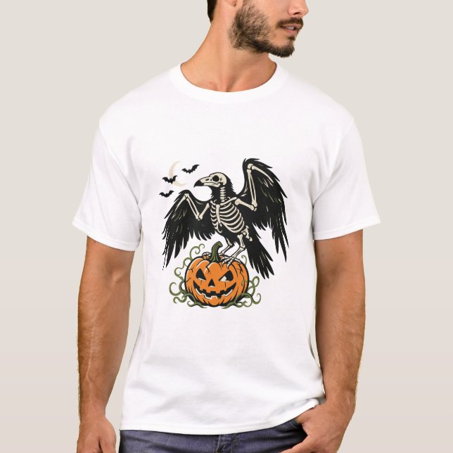 T-shirt Citrouille de corbeau squelette Halloween (Devant)