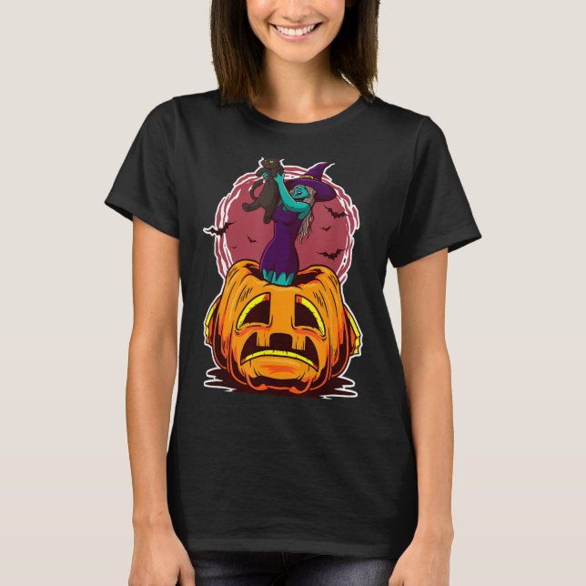 T-shirt Citrouille de sorcière chat noir et sorcier effray (Devant)