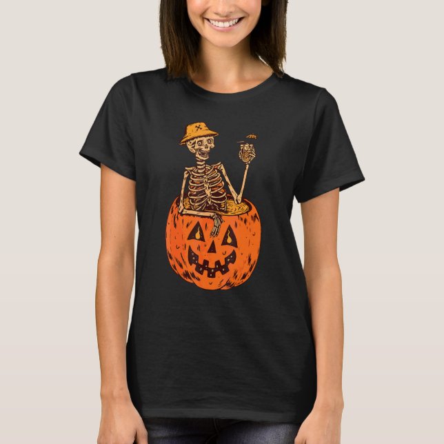 T-shirt Citrouille de sorcière souriante squelette Boisson (Devant)