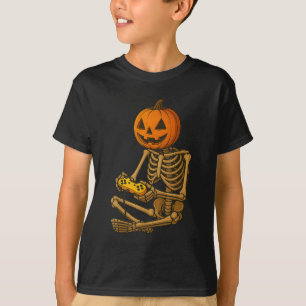 T-shirt Citrouille de squelette d'Halloween joueur de jeu