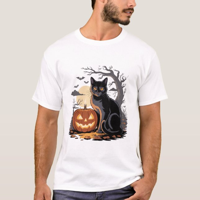 T-shirt citrouille d'Halloween chat noir (Devant)