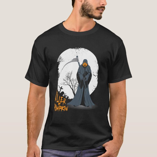 T-shirt Citrouille effrayant Visage Jack O' Lantern Grim R (Devant)