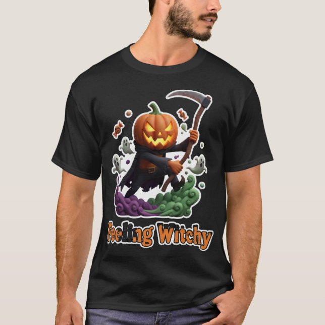 T-shirt Citrouille effrayante représentant la faucheuse av (Devant)