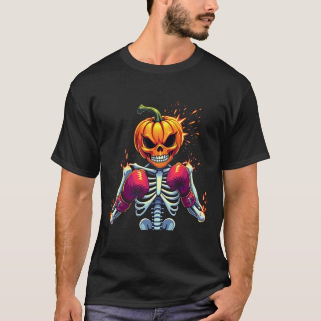 T-shirt Citrouille Head Skeleton Boxe Halloween Éffrayant  (Devant)