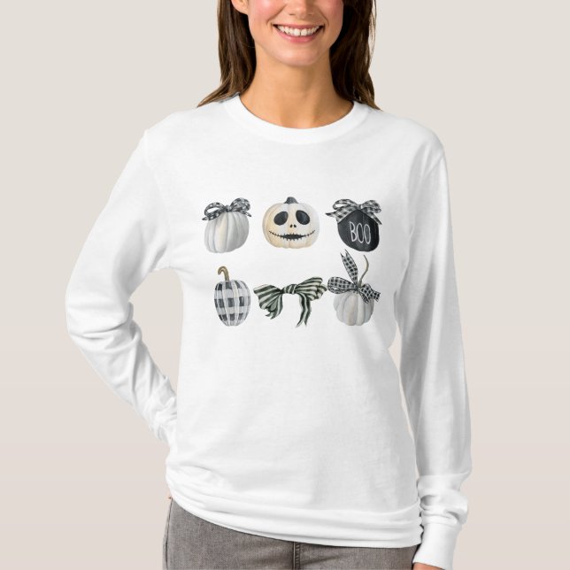 T-shirt Citrouille noir blanc Coquette Bow Halloween (Devant)