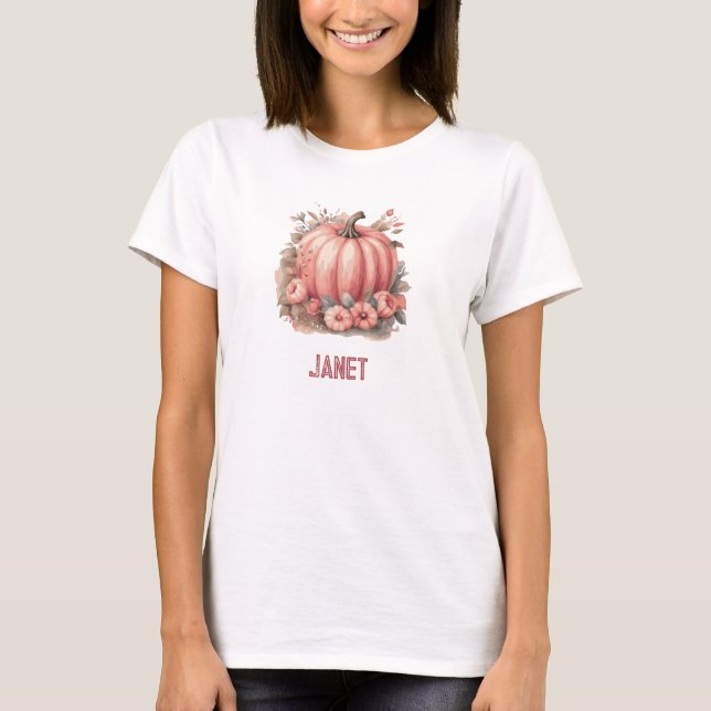T-shirt Citrouille rose et feuilles automnales (Devant)