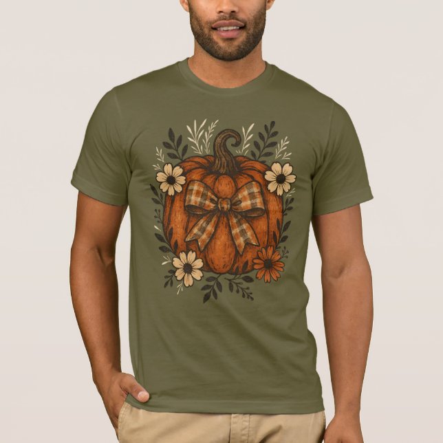T-shirt Citrouille rustique avec Bow Plaid et Fleurs d'Aut (Devant)