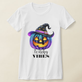 T-shirt Citrouille sorcière noire aux vibrations magiques