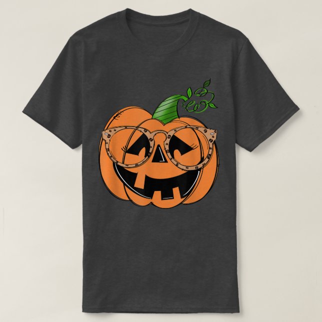 T-shirt Citrouille Visage Léopard Lunettes Saison Éffrayan (Design devant)