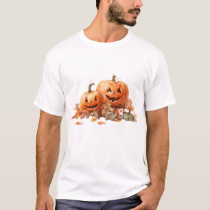 T-shirt Citrouilles d'Halloween à l'aquarelle avec feuille