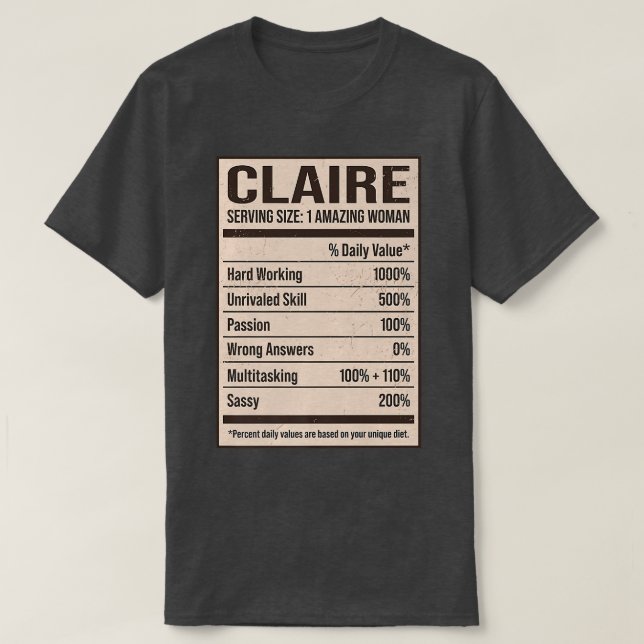 T-shirt Claire Nutrition Facts Name Nickname Alias Title F (Design devant)