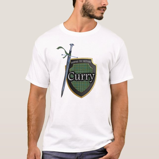 T-shirt Clan Curry Currie Tartan Scottish Shield & Sword (Devant)