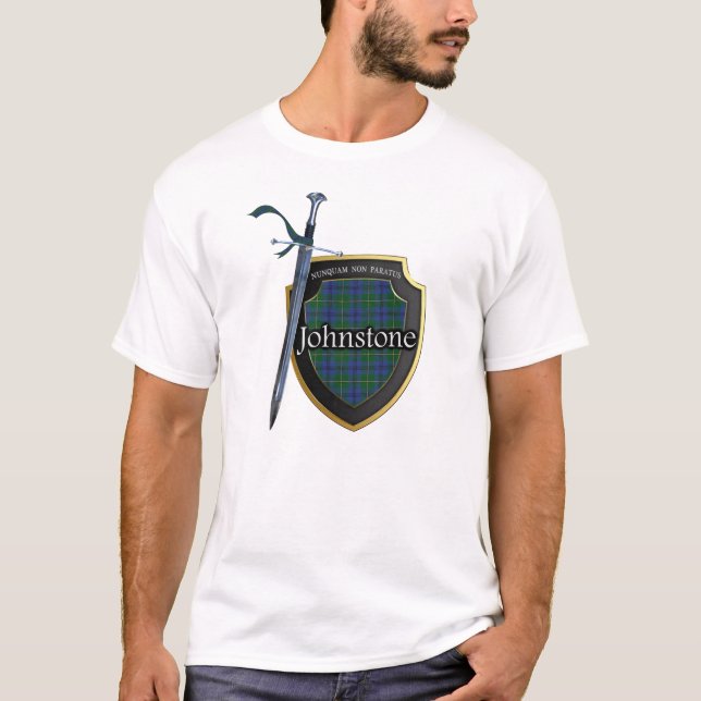 T-shirt Clan Johnstone Tartan Scottish Shield & Sword (Devant)