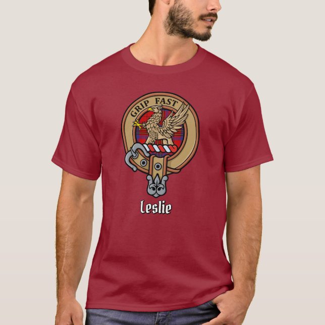 T-shirt Clan Leslie Crest sur Red Tartan (Devant)
