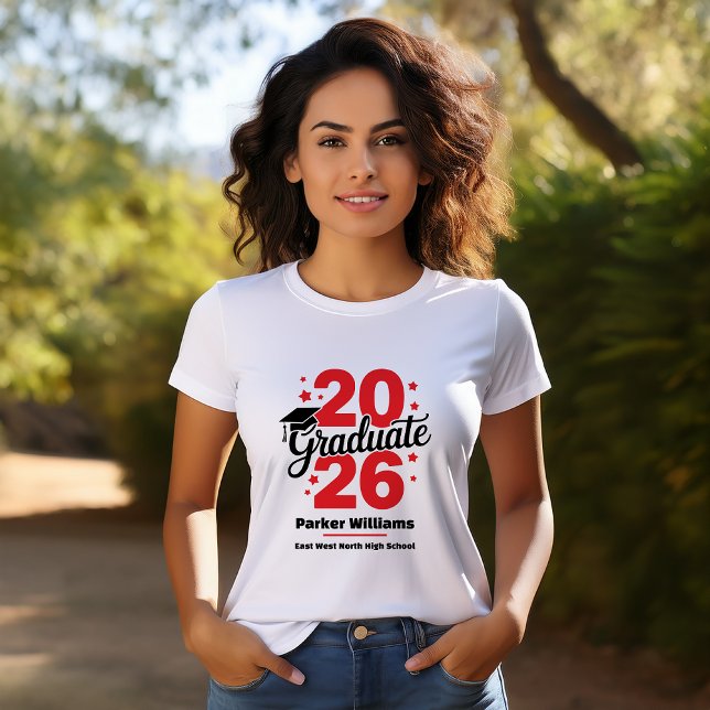 T-shirt Class of 2026 Grad Cap | Graduate Red (Graduate Grad Cap and Stars Name and School Graduation T-Shirt -- Red)