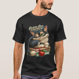 T-shirt Classe Chat Énergie Mignon Clin d'Œil sur des Livr