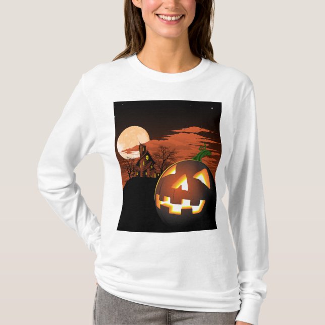 T-shirt Classic Halloween Jack-O-Lantern Creepy House (Devant)