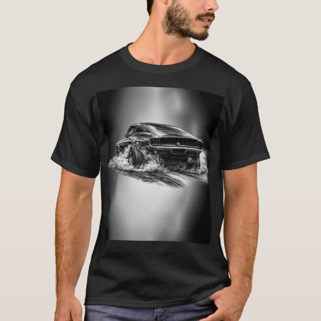 T-shirt Classic Muscle Car Burnout Black & White  (Devant)