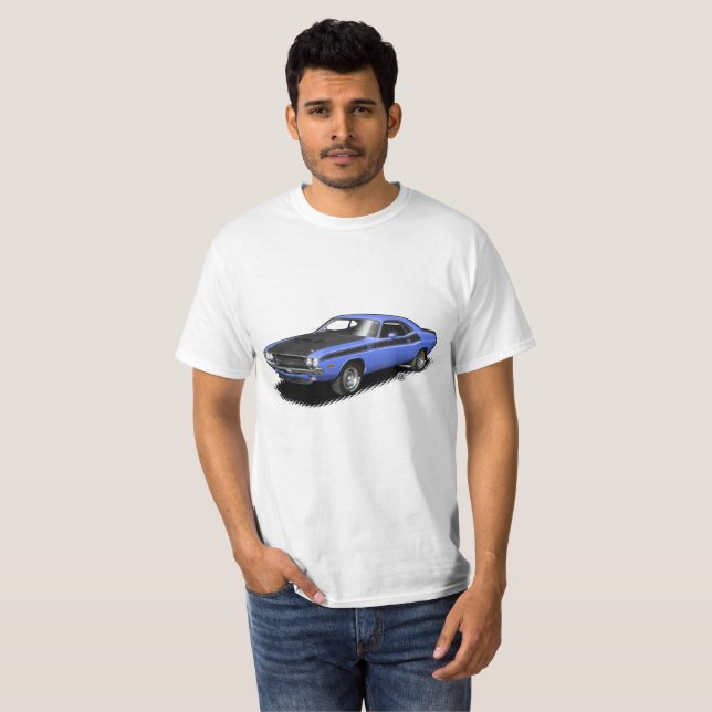 T-shirt classique de voiture de challengeur bleu (Devant entier)