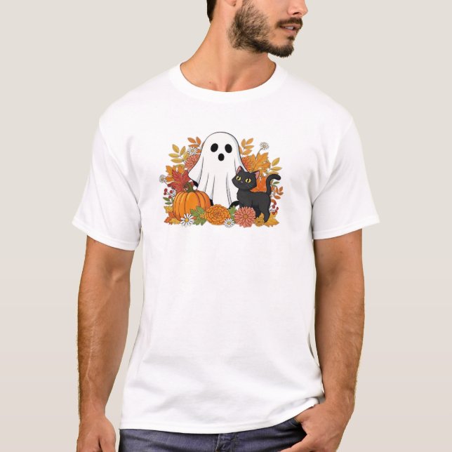 T-shirt classique fantôme mignon et chat noir (Devant)