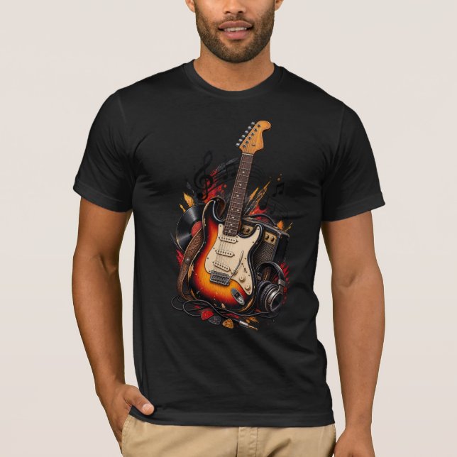 T-Shirt Classique Guitare Électrique & Disque Viny (Devant)