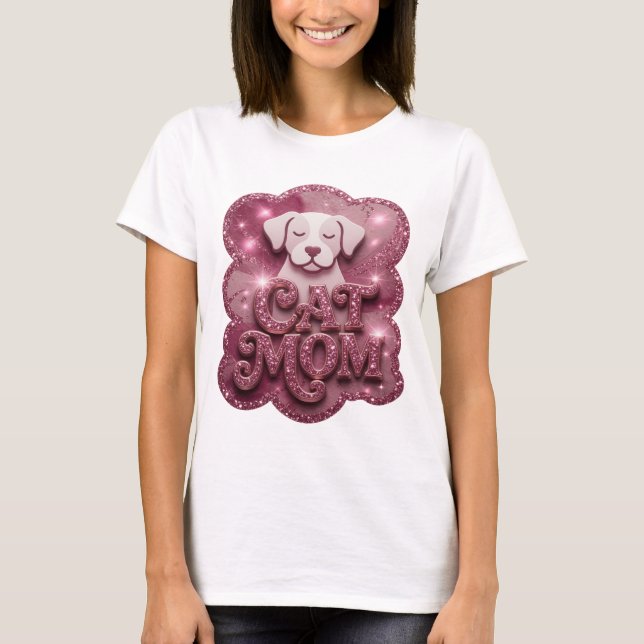 T-shirt classique rose avec phrase CAT MOM (Devant)