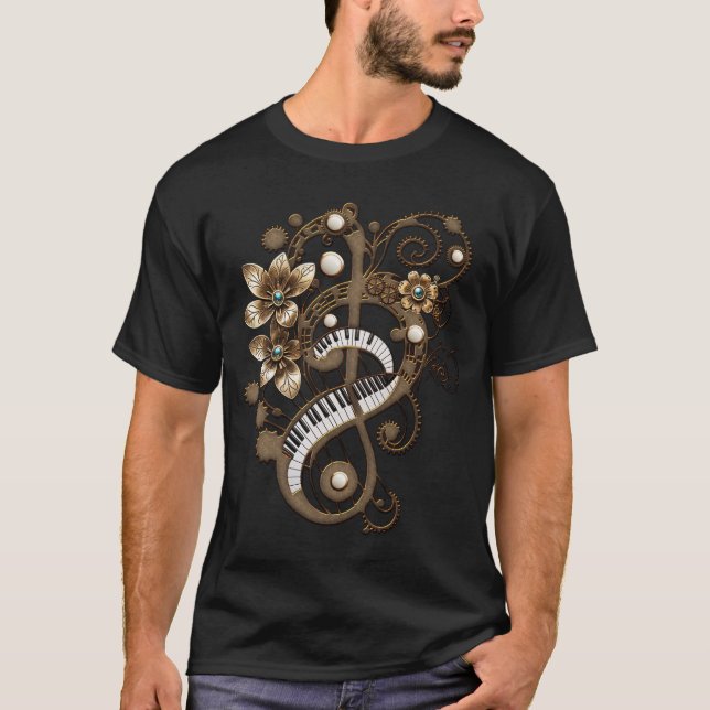 T-shirt Clavier de piano steampunk incurvé. (Devant)