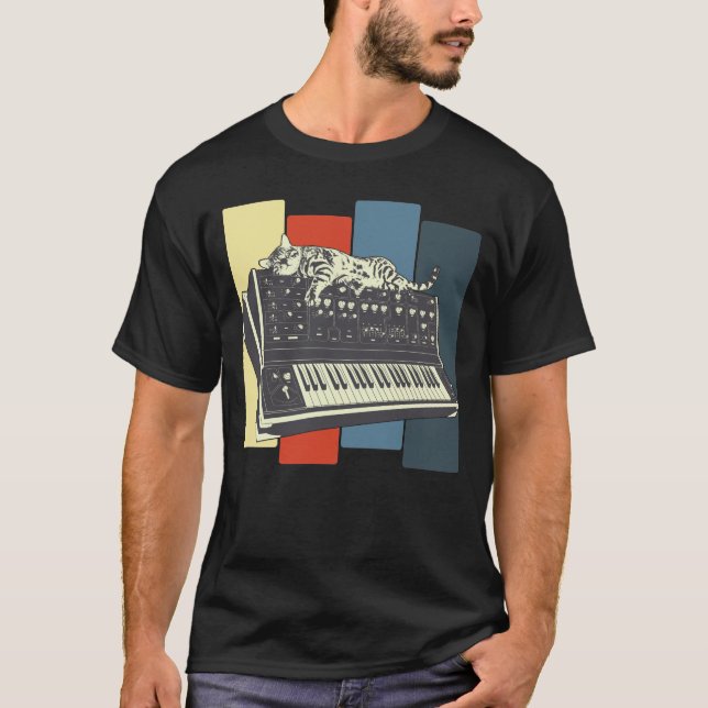 T-shirt Clavier synthétiseur modulaire Vintage Analog Cat (Devant)