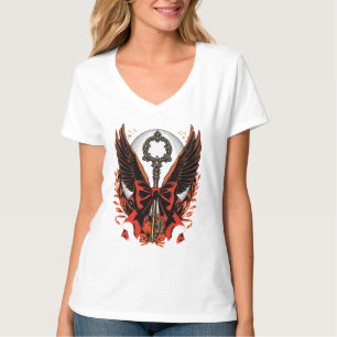 T-shirt Clé de fond en velours gothique avec ailes et lune