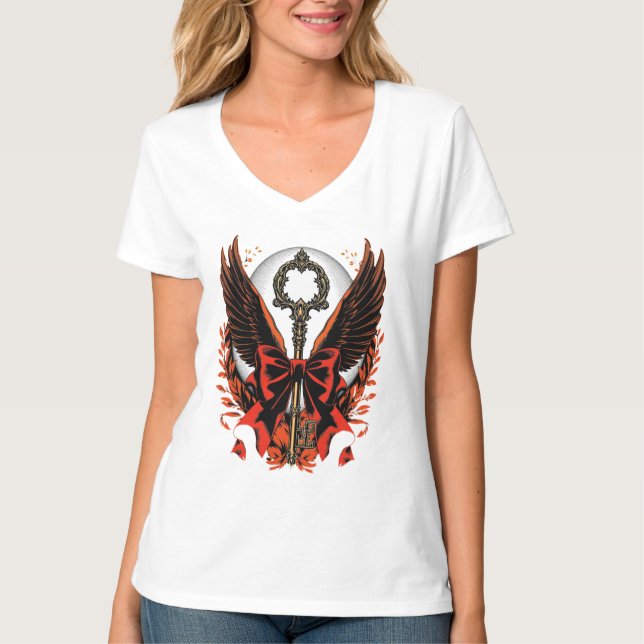 T-shirt Clé de fond en velours gothique avec ailes et lune (Devant)