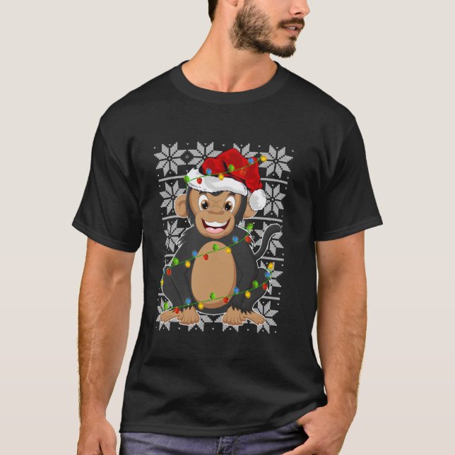 T-shirt Clé de Noël Lights Reindeder Santa Hat Singe (Devant)