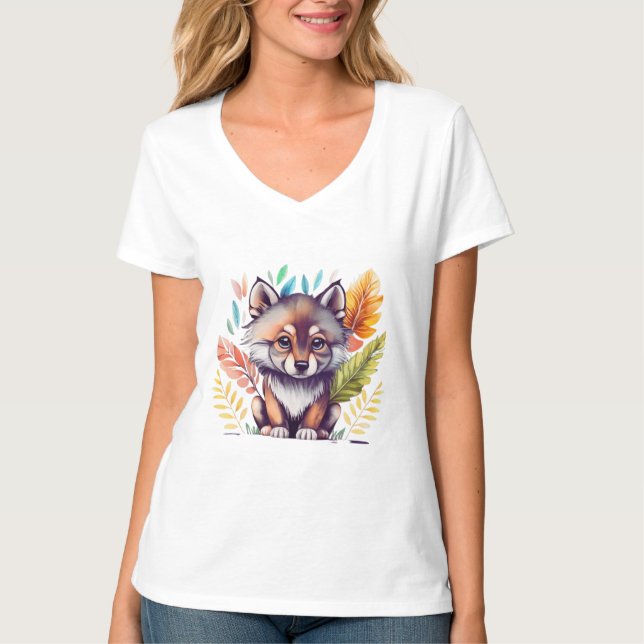 T-shirt Clip art bébé loup noir corps entier mignon aquare (Devant)