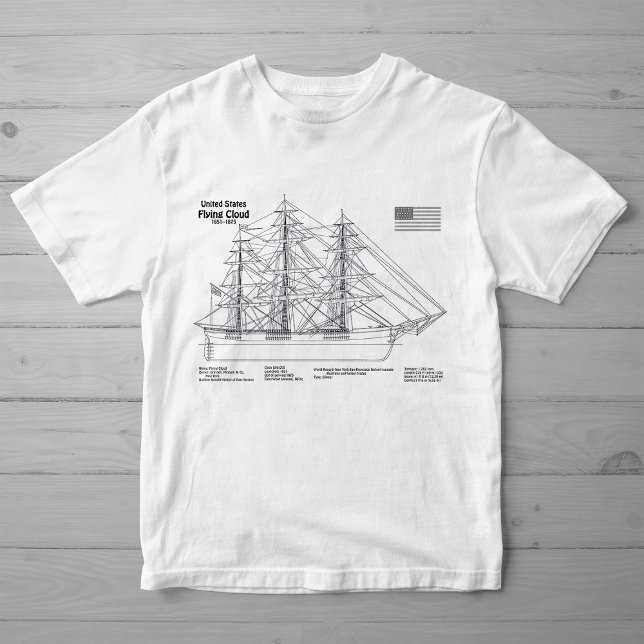 T-shirt Clipper Ship Floud - Plan d'expédition SD (Clipper Ship Flying Cloud - Ship Blueprint SD. Girl Basic White T-Shirt)