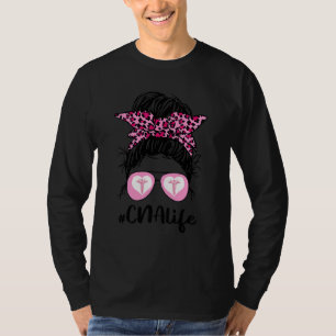 T-shirt Cna Life Messy Bun Pink Leopard Bleached Nurse D