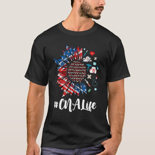 T-shirt CNA Life Stethoscope Sunflower USA Flag 4th Of Jul (Devant)