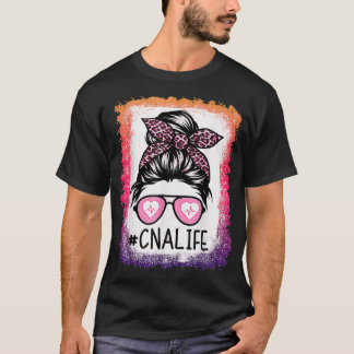 T-shirt CNA Nurse Life Bleached s Pink Leopard Messy Bun W