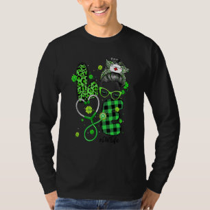T-shirt Cna Nurse Life Messy Bun Leopard Plaid Irish St Pa