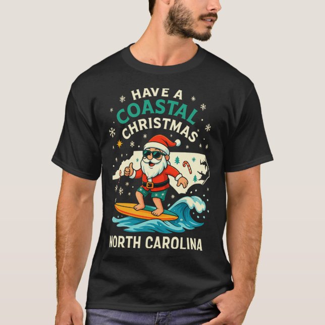 T-shirt Coastal Christmas Nc Shirt Santa Surfing Funny Wav (Devant)