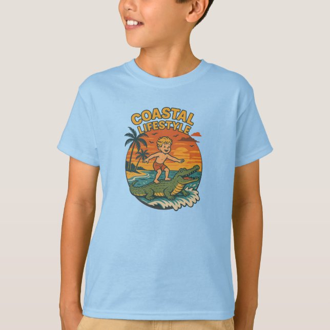 T-shirt Coastal Lifestyle Gator Surfing -Retro Beach Kid's (Devant)