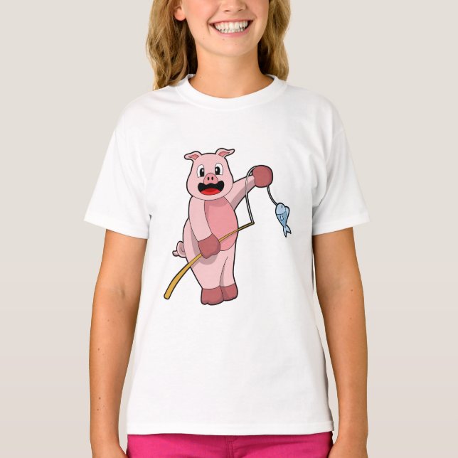 T-shirt Cochon à la pêche avec la canne à pêche et le pois (Devant)