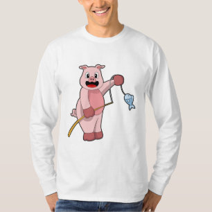 T-shirt Cochon à la pêche avec la canne à pêche et le pois