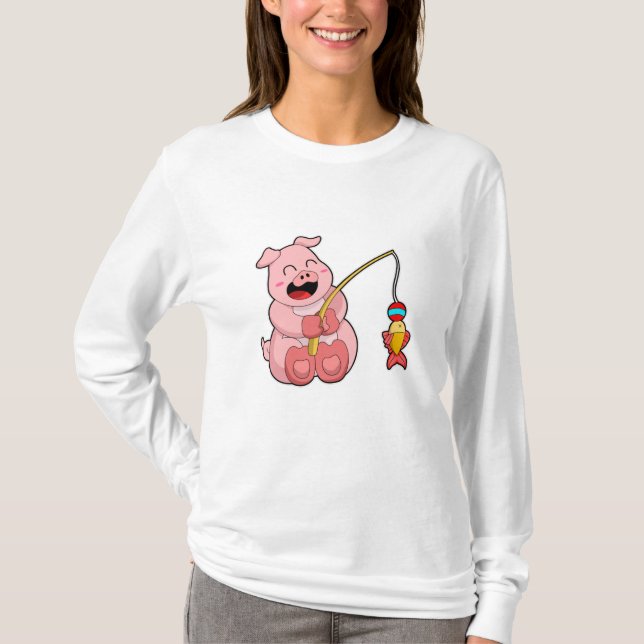 T-shirt Cochon à la pêche avec poisson (Devant)