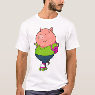 T-shirt Cochon à Patinage en ligne avec patins à rouleaux