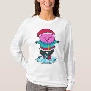 T-shirt Cochon à Patinage sur glace avec patins sur glace